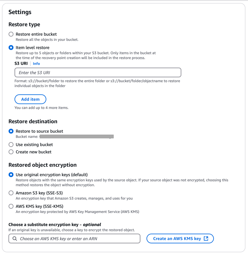 Settings for restore backup